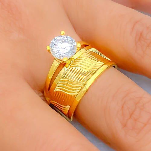 Wave Band 22k Gold CZ Ring w/ Solitaire 
