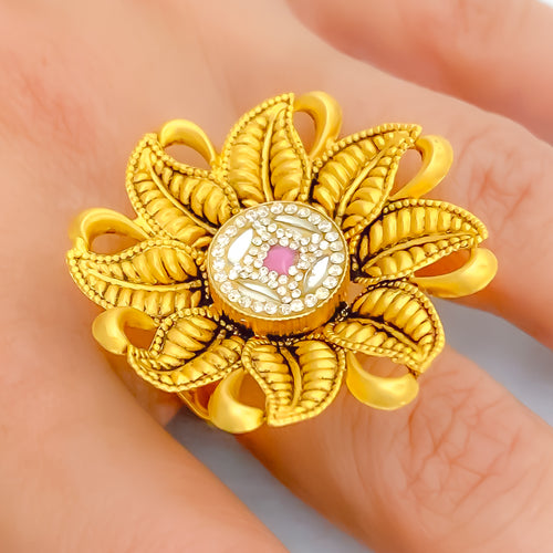 Magnificent Floral Leaf 22k Gold Antique Finish Ring