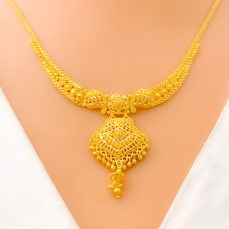 Alluring Paisley Adorned 22k Gold Tasseled Necklace Set 