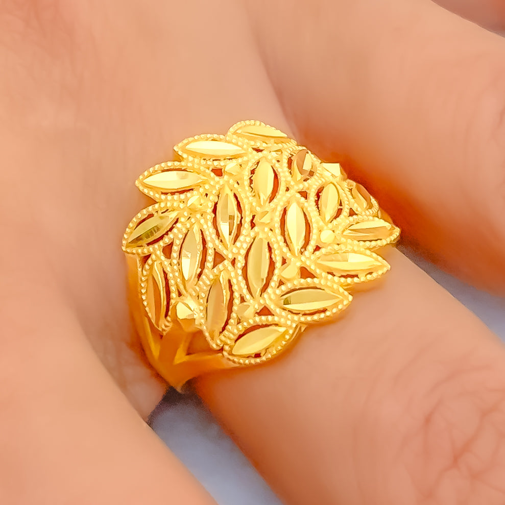 Real Gold 21K Yellow Gold buy Diamond Leaf Ring Fine Jewelry