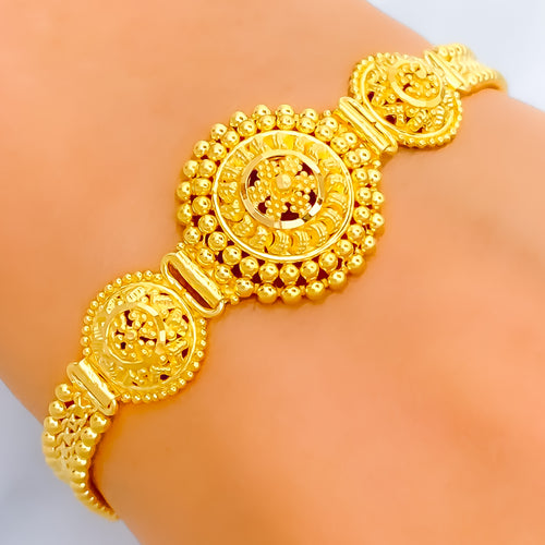 Delightful Beaded Triple Flower 22k Gold Bracelet 