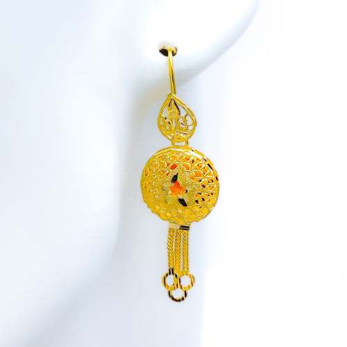 Netted Dome Flower 21k Gold Hanging Earrings 