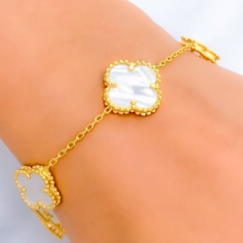Attractive Mother Of Pearl 21k Gold Clover Bracelet