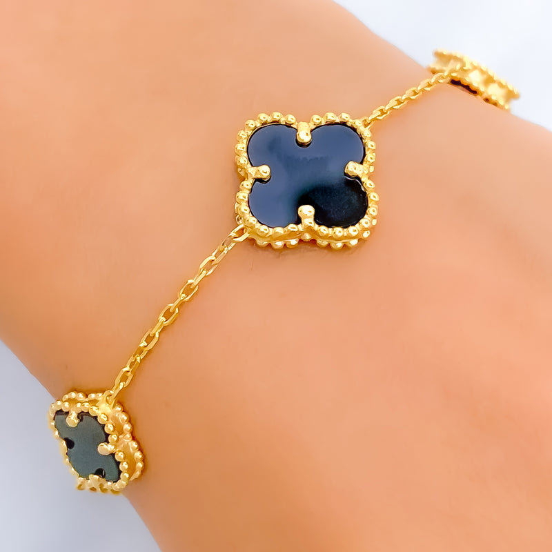 Magnificent Black Onyx 21k Gold Clover Bracelet 