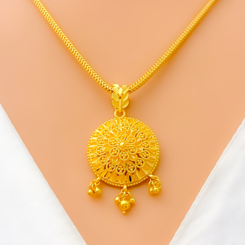 Ornate Beaded Flower 22k Gold Pendant Set 