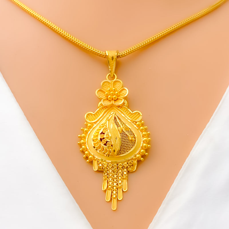 Charming Netted Drop 22k Gold Pendant Set 