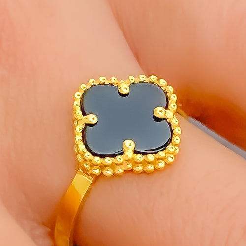Ornate Black Onyx 21K Gold Clover Ring