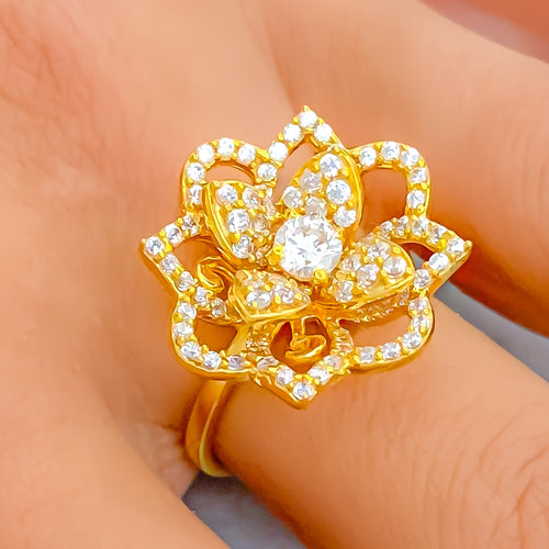 Radiant 3D Flower 22k Gold CZ Ring 