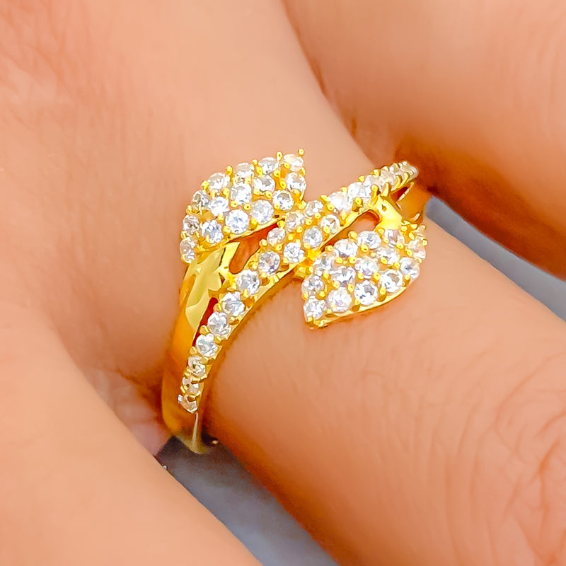 Opulent Leaf Adorned 22k Gold CZ Ring 