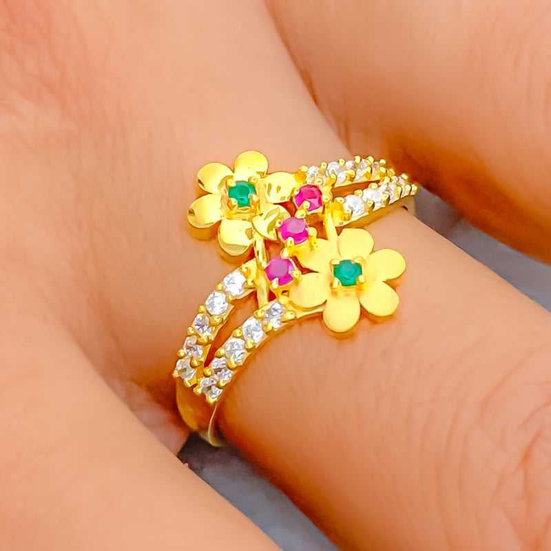 Dainty Blooming Flower 22k Gold CZ Ring 