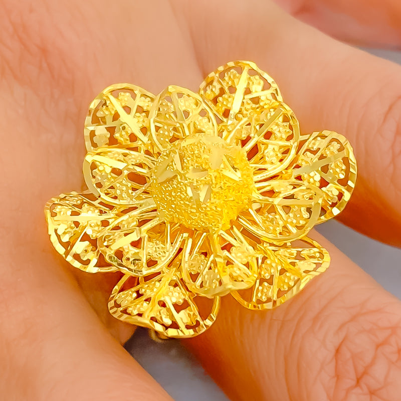 Shimmering Textured 22k Gold Flower Ring 