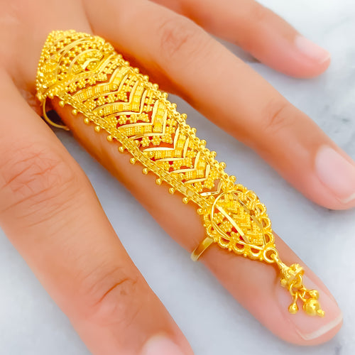 V Shaped Tasseled 22k Overall Gold Finger Ring 