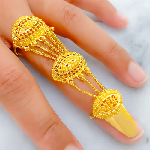 Iconic Triple Marquise 22k Overall Gold Finger Ring 