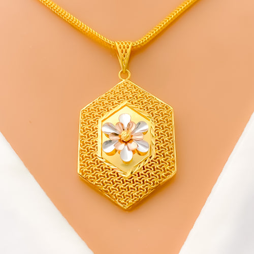 Radiant Floral Honeycomb 22K Gold Pendant 