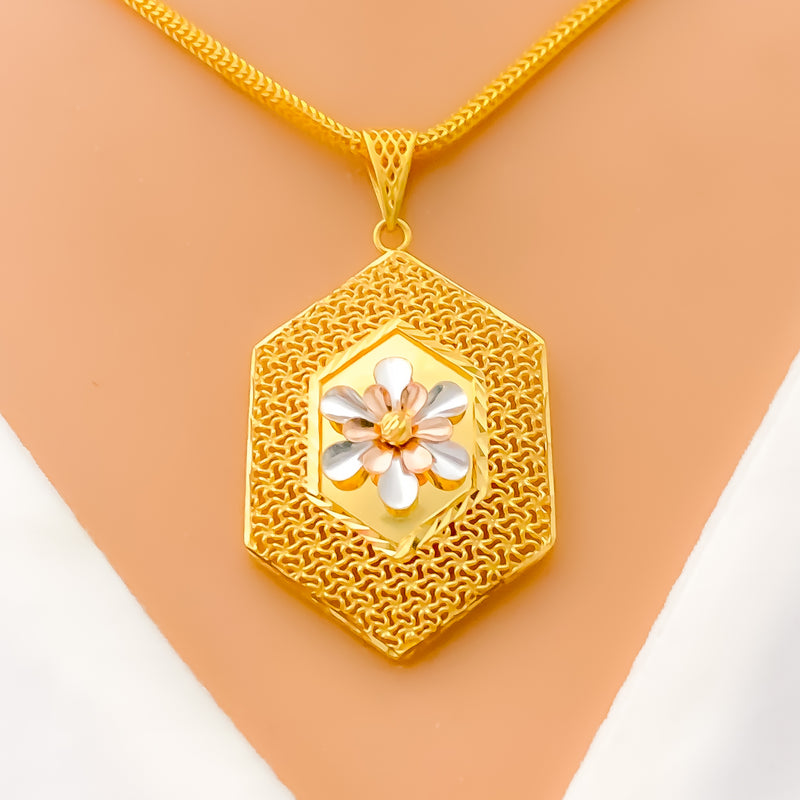 Radiant Floral Honeycomb 22K Gold Pendant 