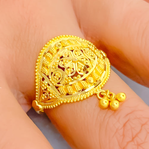 Floral Tasseled Beaded 22K Gold Ring