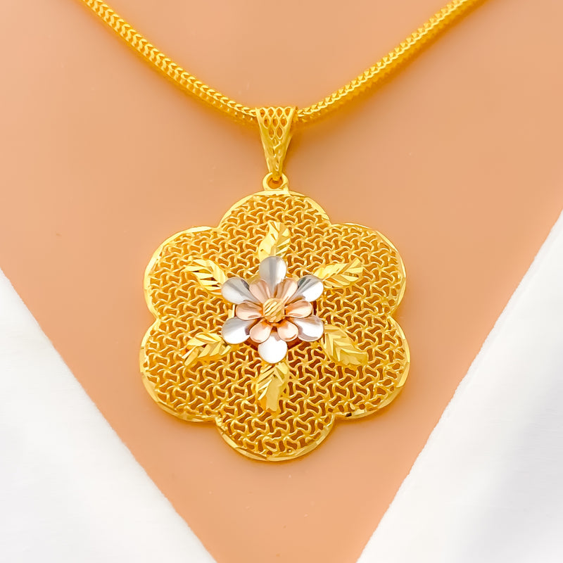 Vibrant Triple Layered Floral 22K Gold Pendant 