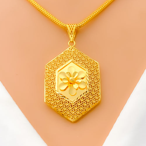 Majestic Hexagonal Mesh 22K Gold Pendant 