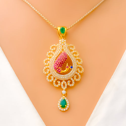 Radiant Peacock Drop 22k Gold CZ Pendant Set 