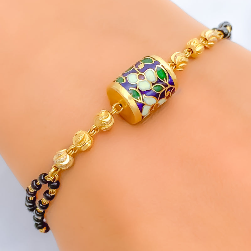 Fancy Floral 22k Gold Black Bead Bracelet 