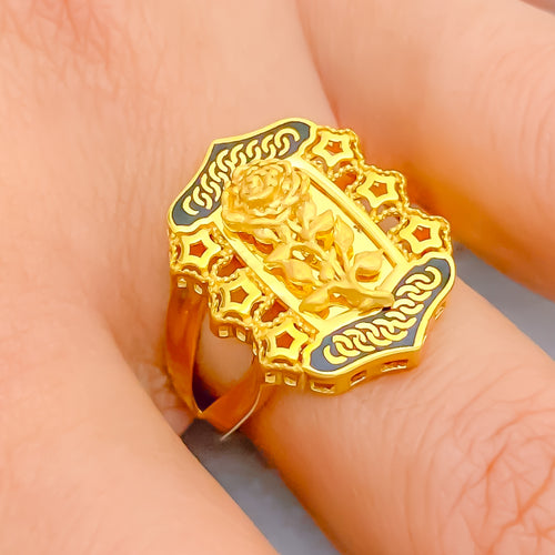 Magnificent 21K Gold Floral Enameled Ring