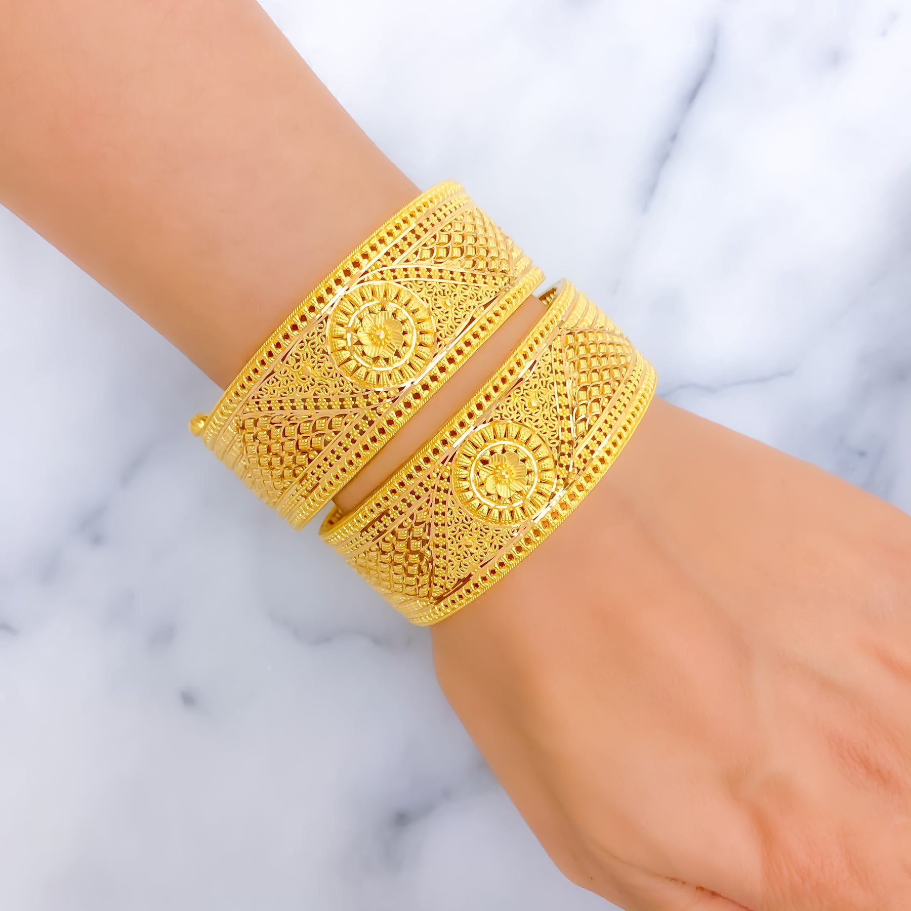 Royal Mesh Floral 22k Gold Bangle Pair Andaaz Jewelers Royal Mesh Floral 22k Gold Bangle Pair Andaaz Jewelers