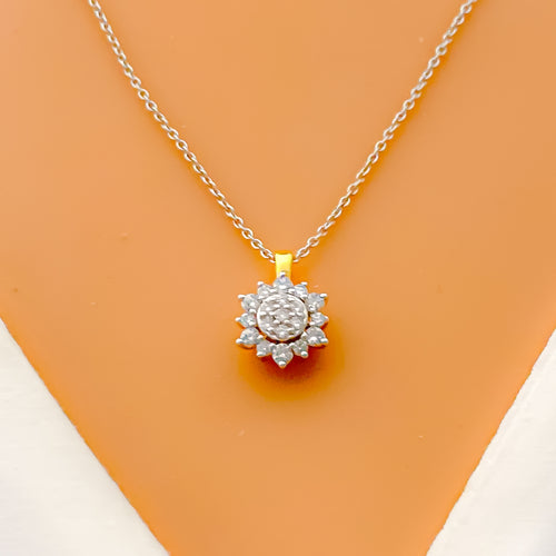 Bright Floral Cluster Diamond + 18k Gold Pendant Set 