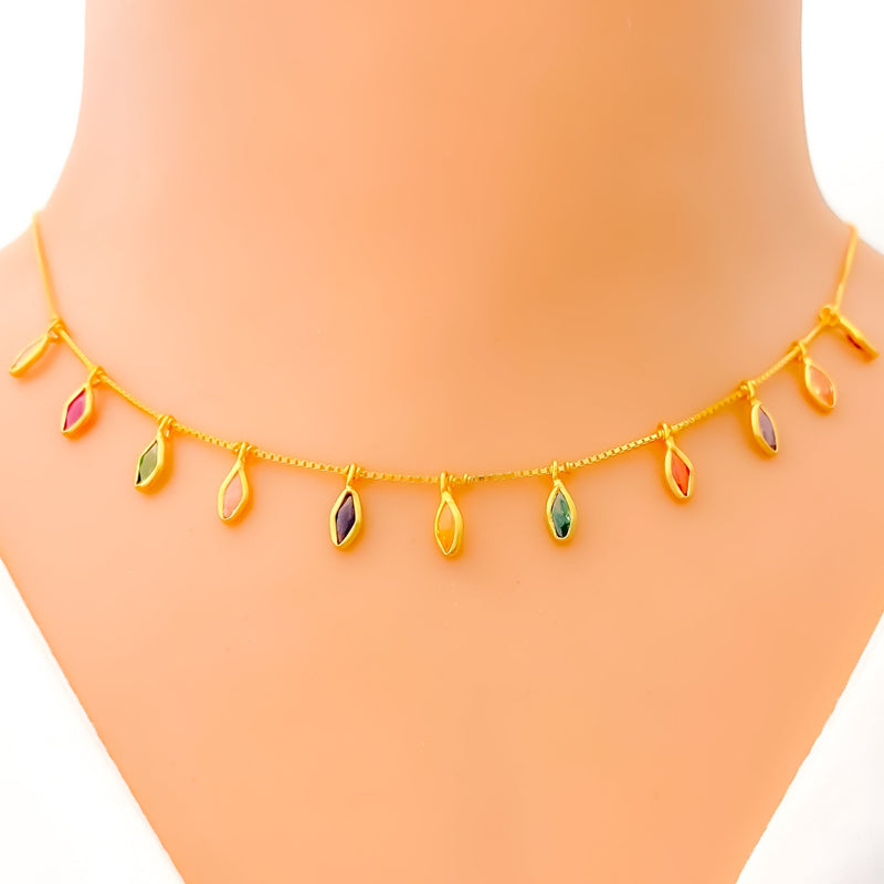 Vibrant Colored Leaf Charm 22k Gold CZ Necklace