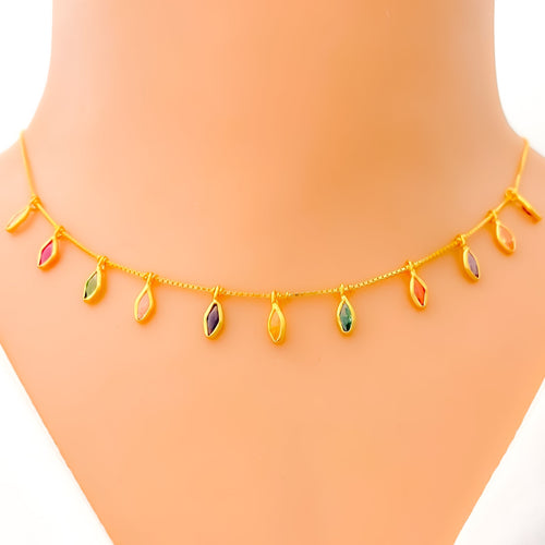 Bright Vibrant Leaf Charm 22k Gold CZ Necklace