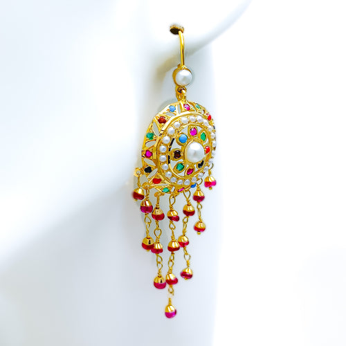 Traditional Multi-Color 22k Gold Navratna Hook Earrings 