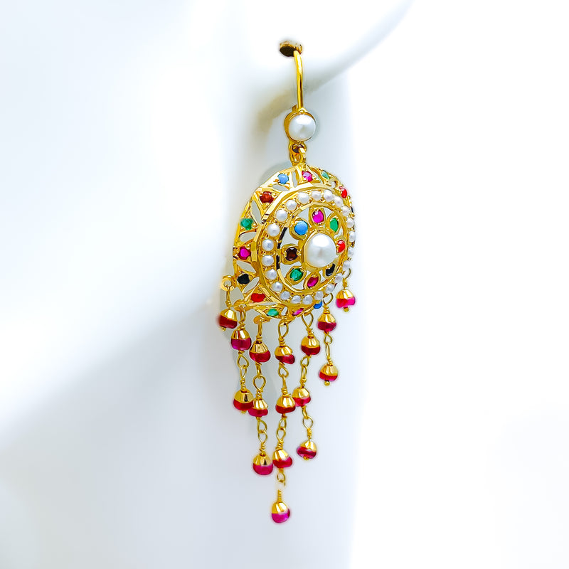 Traditional Multi-Color 22k Gold Navratna Hook Earrings 