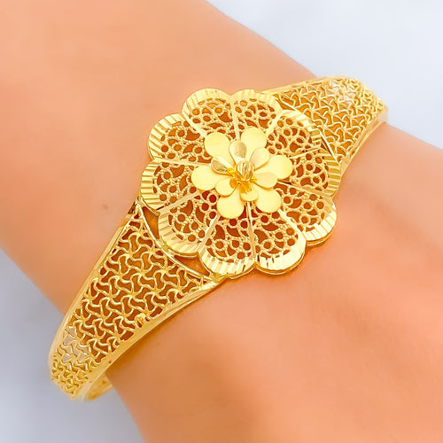 Majestic Meshed Flower 22k Gold Bangle Bracelet
