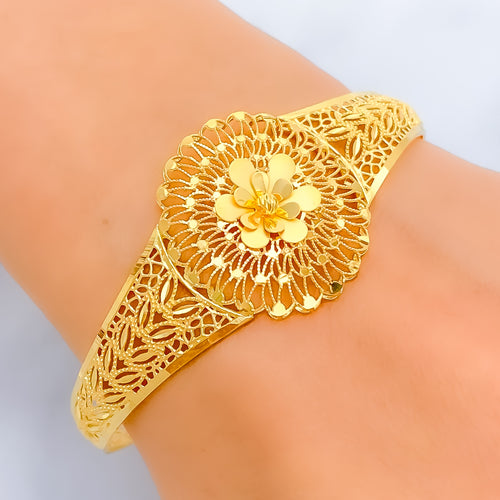Ornate Floral Mesh 22k Gold Bangle Bracelet