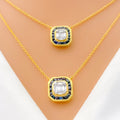 Contemporary Square Block Diamond + 18k Gold Necklace Set 