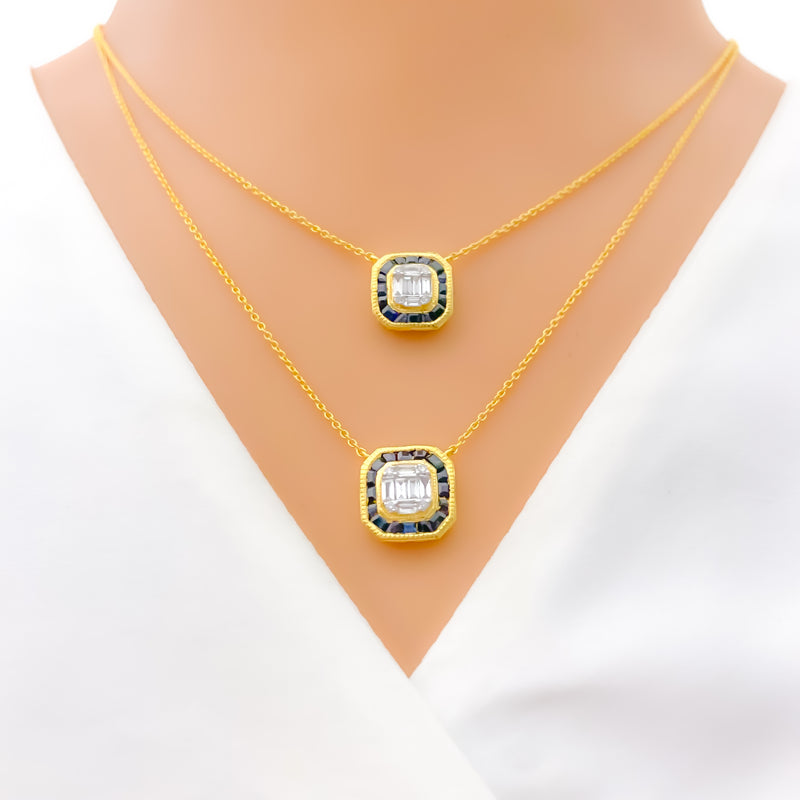 Contemporary Square Block Diamond + 18k Gold Necklace Set 