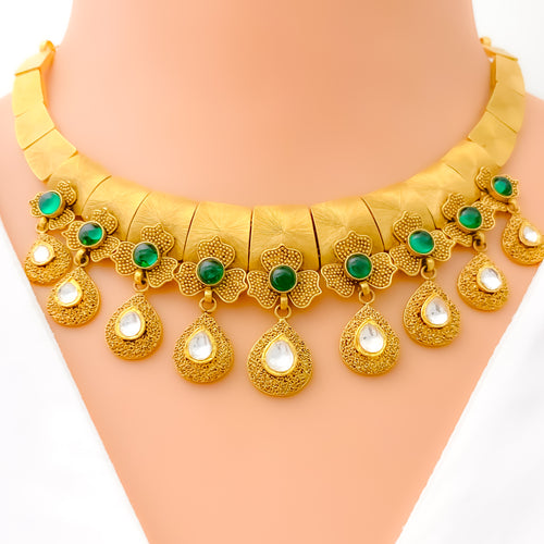 Green Kundan Clover 22k Gold Oxidized Set