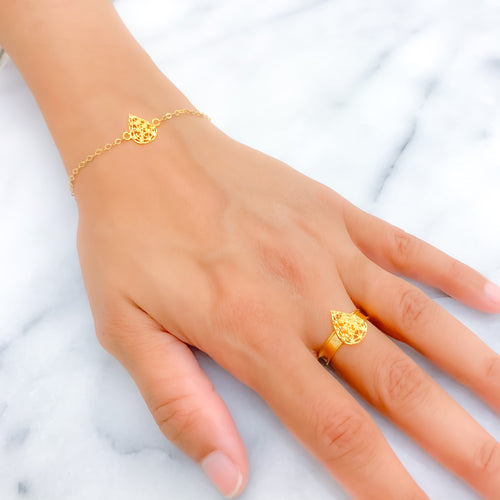 Sleek Sophisticated Pear Drop 21k Gold Bracelet W / Matching Ring