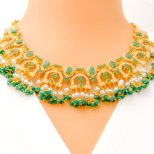 Royal Elevated Emerald + Pearl 22k Gold Necklace Set