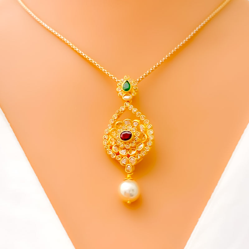 Priceless Decadent Polki Flower 22k Gold Pendant Set 