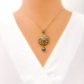 Distinctive Embellished Floral 18K Gold + Diamond Pendant Set 