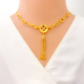 Polished Dangling Button 21k Gold CZ Necklace 