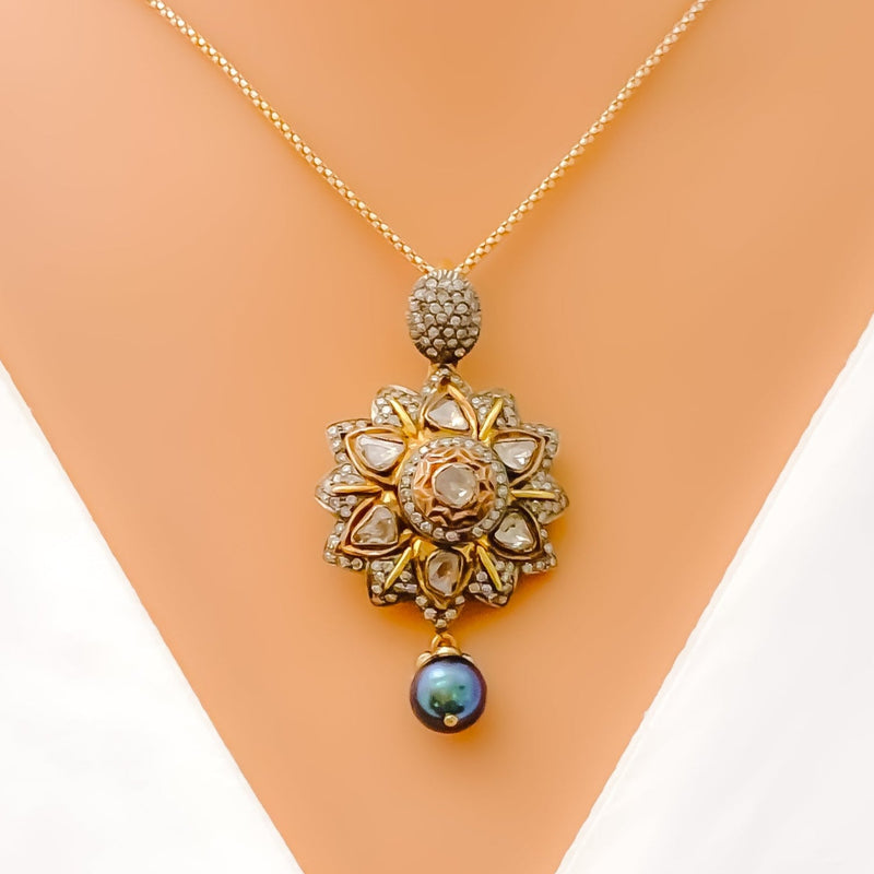 Distinctive Embellished Floral 18K Gold + Diamond Pendant Set 