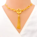 Polished Dangling Button 21k Gold CZ Necklace 