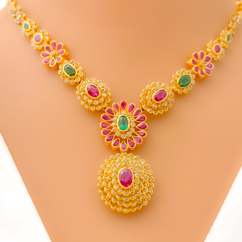 Captivating Iridescent Floral 22k Gold Polki Necklace Set