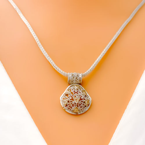 Ornate Filigree 22k Gold CZ Pendant Set W/Chain