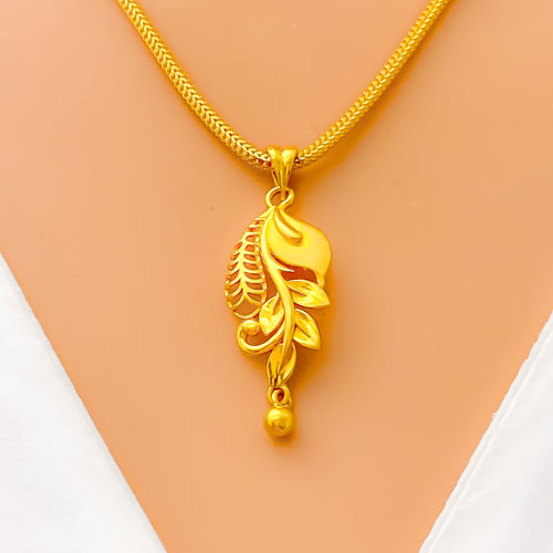 Curved Leaf Adorned 22K Gold Pendant 