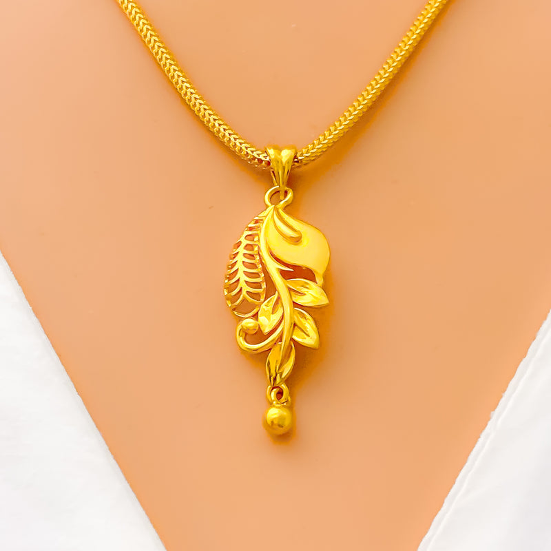 Curved Leaf Adorned 22K Gold Pendant 