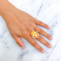 Shimmering Striped Floral 21k Gold CZ Ring