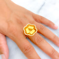 Shimmering Striped Floral 21k Gold CZ Ring