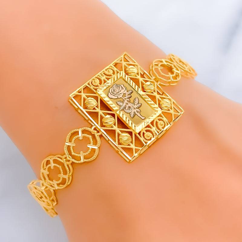 Edgy Geometric Floral Link 21k Gold Bracelet